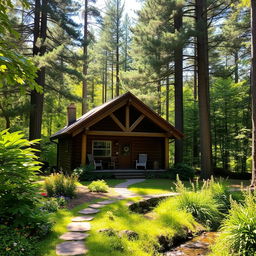 A charming wooden house nestled in a dense forest, surrounded by tall pine and oak trees