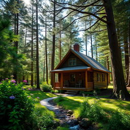 A charming wooden house nestled in a dense forest, surrounded by tall pine and oak trees