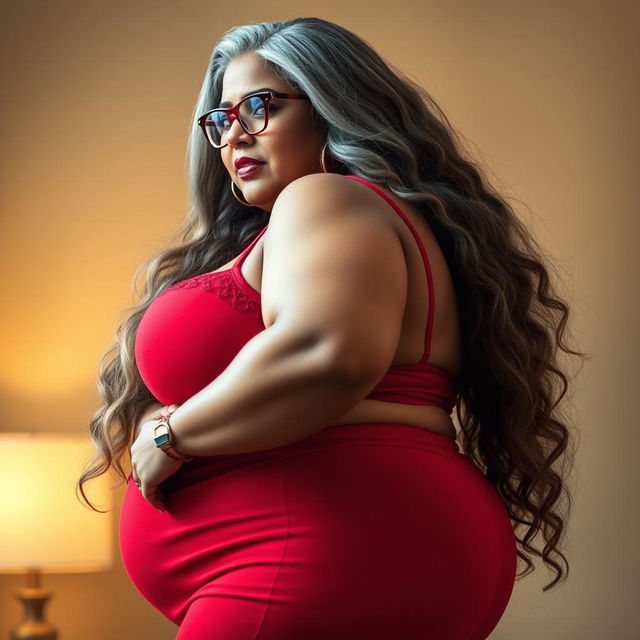 A plus size, 55 year old Indian woman, voluptuous and full-figured, with long grey hair flowing elegantly and wearing stylish glasses