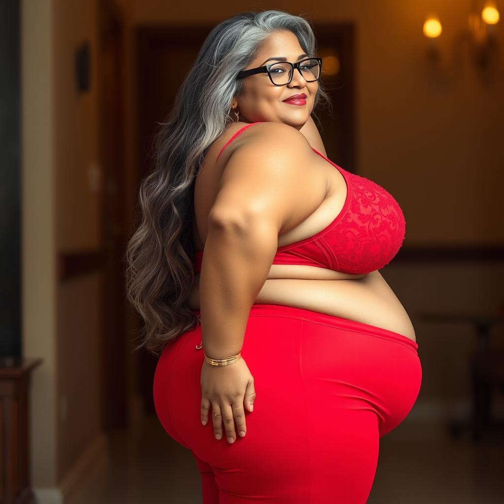 A plus size, 55 year old Indian woman, voluptuous and full-figured, with long grey hair flowing elegantly and wearing stylish glasses