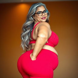 A plus size, 55 year old Indian woman, voluptuous and full-figured, with long grey hair flowing elegantly and wearing stylish glasses