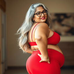 A plus size, 55 year old Indian woman, voluptuous and full-figured, with long grey hair flowing elegantly and wearing stylish glasses