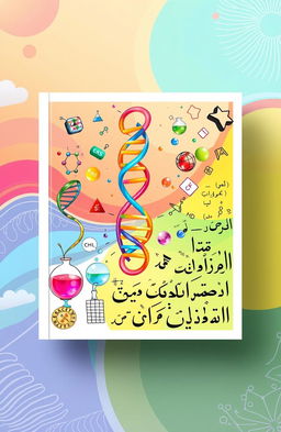 A vibrant and engaging book cover design that creatively represents a variety of academic subjects, including biology, chemistry, physics, mathematics, English, and Urdu