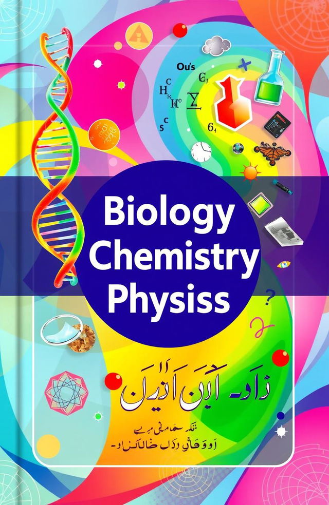 A vibrant and engaging book cover design that creatively represents a variety of academic subjects, including biology, chemistry, physics, mathematics, English, and Urdu