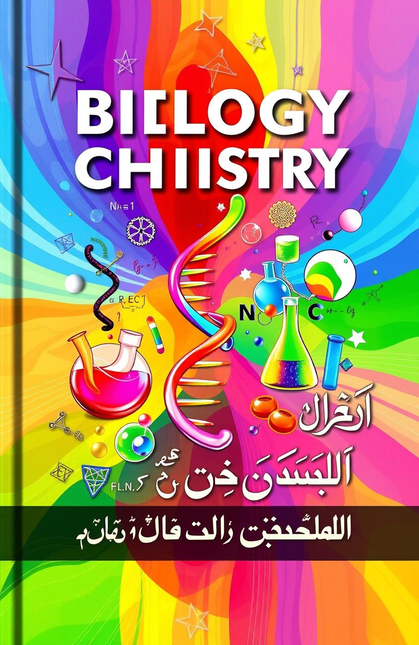 A vibrant and engaging book cover design that creatively represents a variety of academic subjects, including biology, chemistry, physics, mathematics, English, and Urdu