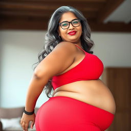 A plus size, 55 year old Indian woman, full-figured with long grey hair gracefully styled and wearing fashionable glasses