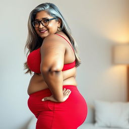 A plus size, 55 year old Indian woman, full-figured with long grey hair gracefully styled and wearing fashionable glasses