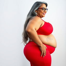 A plus size, 55 year old Indian woman, full-figured with long grey hair gracefully styled and wearing fashionable glasses