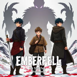 In a dramatic scene from the book **EMBERFELL** by Shifas, three young men stand facing away, looking intently towards the viewer