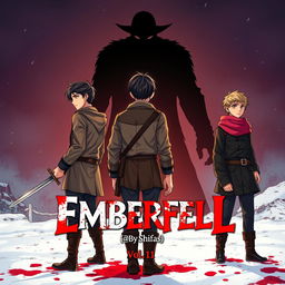 In a dramatic scene from the book **EMBERFELL** by Shifas, three young men stand facing away, looking intently towards the viewer