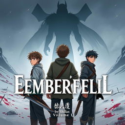 In a dramatic scene from the book **EMBERFELL** by Shifas, three young men stand facing away, looking intently towards the viewer