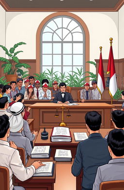 A detailed illustration depicting the concept of industrial relations law and judicial proceedings in an Indonesian context