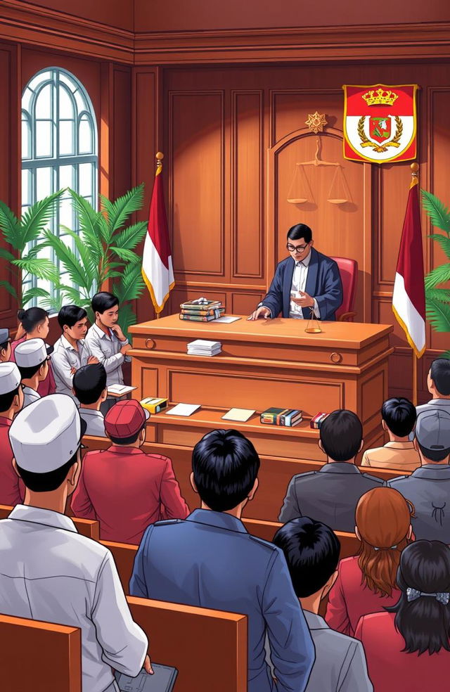 A detailed illustration depicting the concept of industrial relations law and judicial proceedings in an Indonesian context