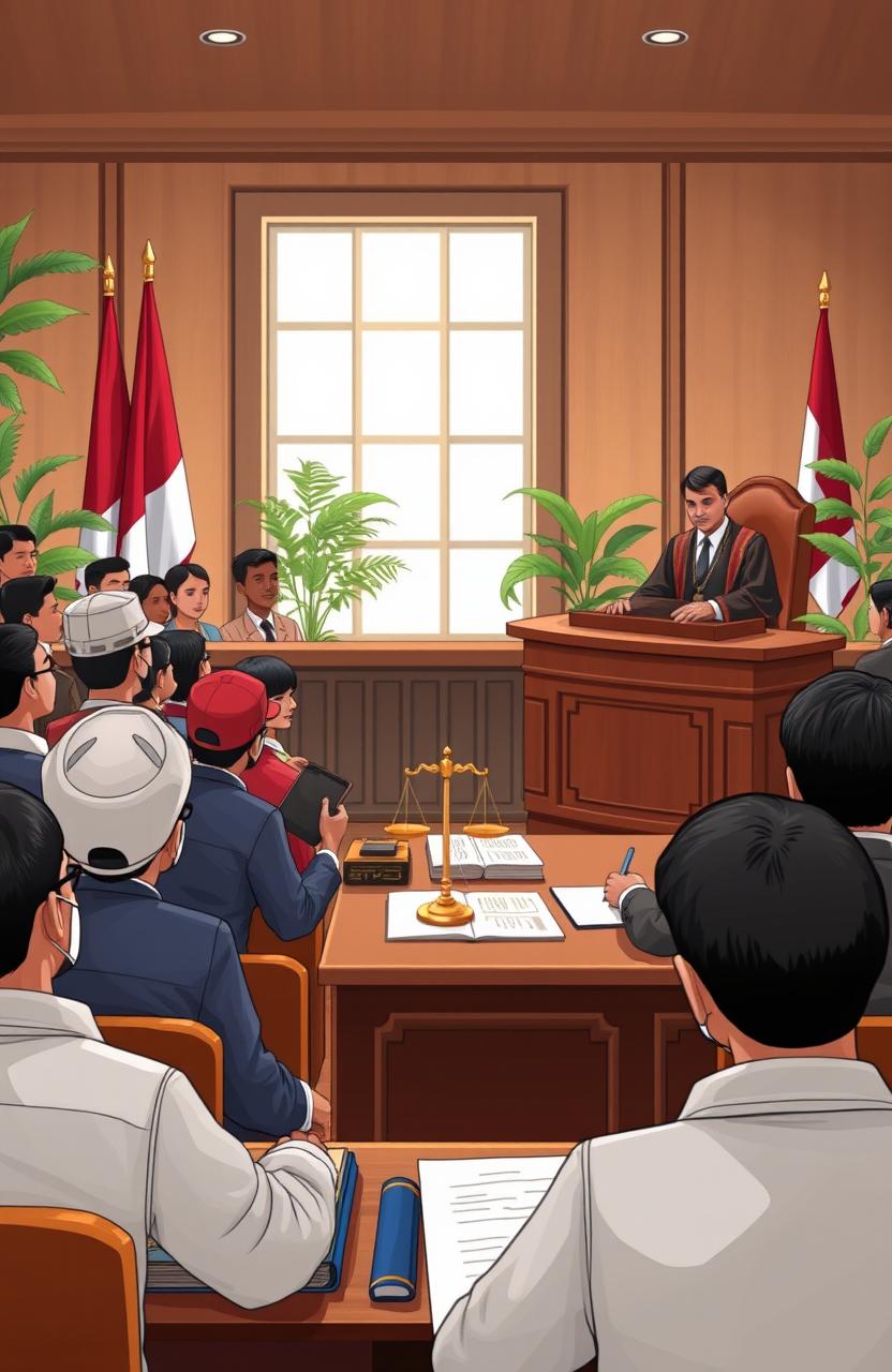 A detailed illustration depicting the concept of industrial relations law and judicial proceedings in an Indonesian context