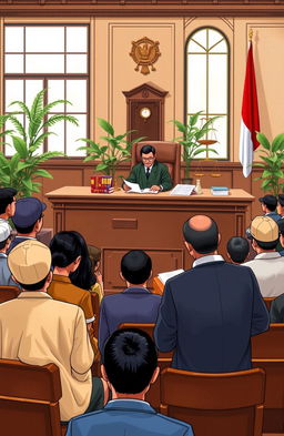 A detailed illustration depicting the concept of industrial relations law and judicial proceedings in an Indonesian context