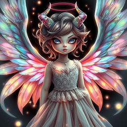 An intricate portrait of an amazing mythical female angel creature with an incredibly cute appearance, embodying a juxtaposition of beauty and a hellishly evil soul