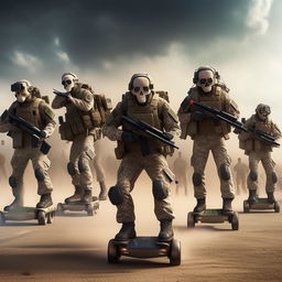 10 combatants, in military camouflage, in the sky, on hover-boards, all combatants are armed with assault rifles and clad in skeleton face mask and normal bullet proof vests