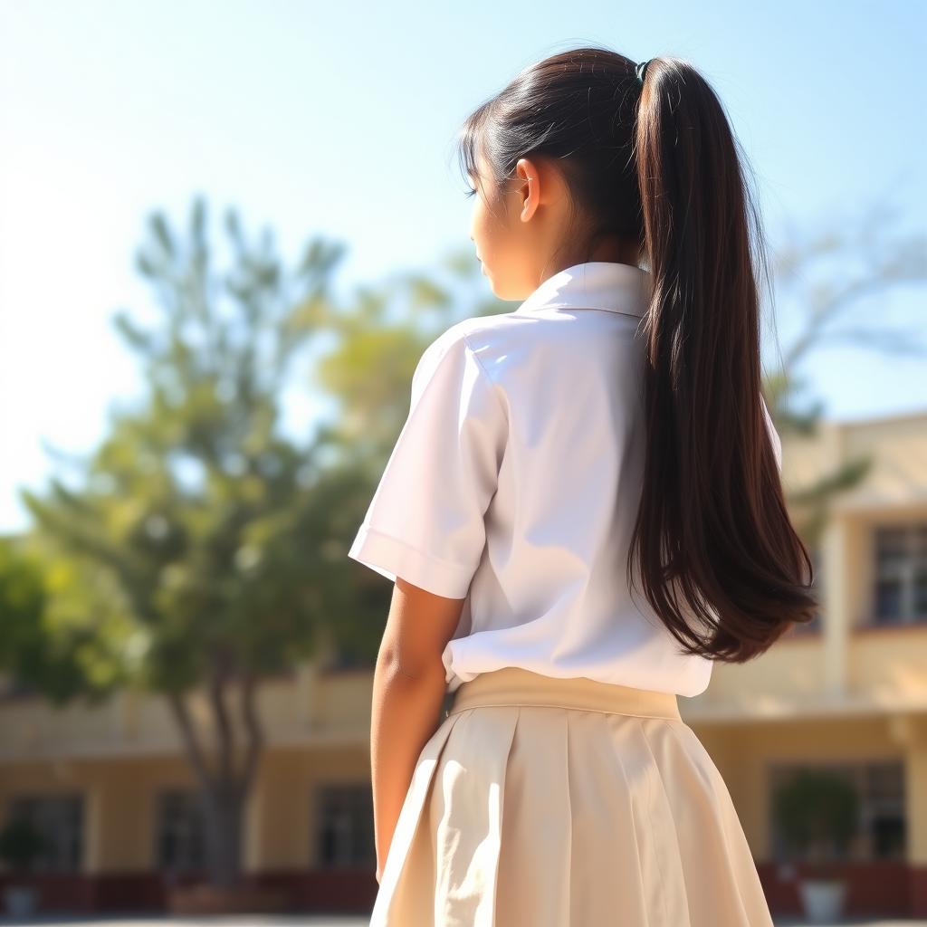 A teenage Indian school girl in a school uniform, standing with her back to the viewer, showcasing her full body