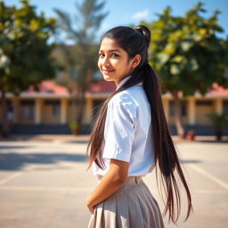 A teenage Indian school girl in a school uniform, standing with her back to the viewer, showcasing her full body