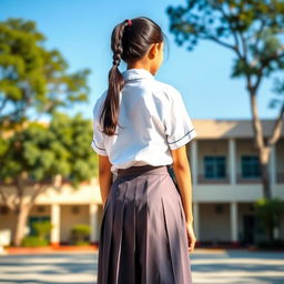 A teenage Indian school girl in a school uniform, standing with her back to the viewer, showcasing her full body