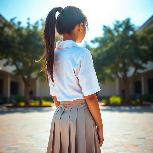 A teenage Indian school girl in a school uniform, standing with her back to the viewer, showcasing her full body