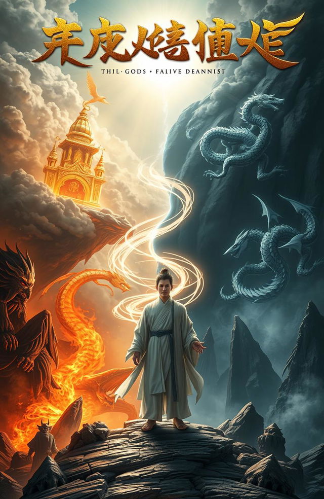 A captivating novel cover set in a cultivation-based world featuring gods and demons