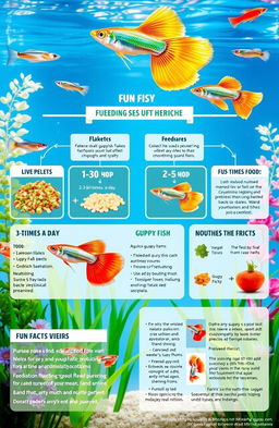 A detailed infographic illustrating the nutrition and feeding habits of aquarium guppy fish