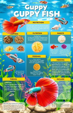 A detailed infographic illustrating the nutrition and feeding habits of aquarium guppy fish