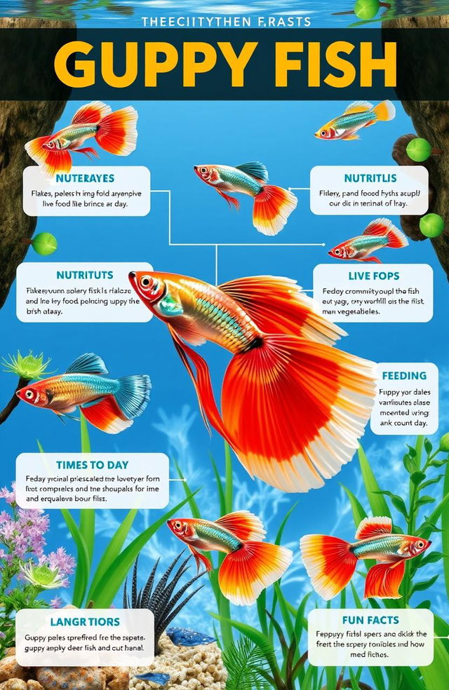 A detailed infographic illustrating the nutrition and feeding habits of aquarium guppy fish