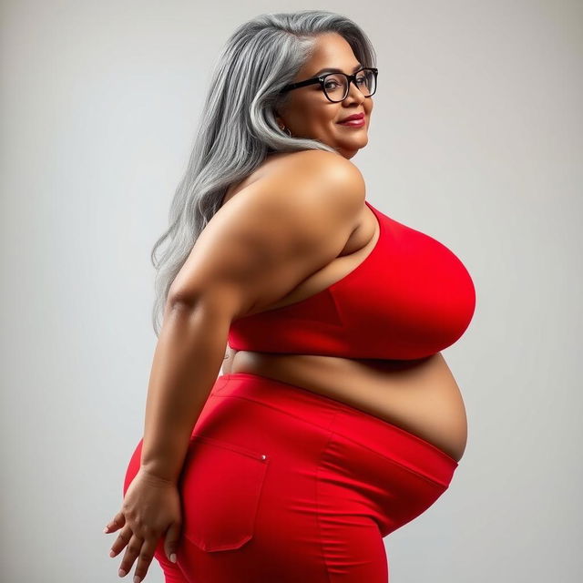 A plus size, 55 year old Indian woman, full-figured with long grey hair styled gracefully and wearing fashionable glasses