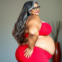 A plus size, 55 year old Indian woman, full-figured with long grey hair styled gracefully and wearing fashionable glasses