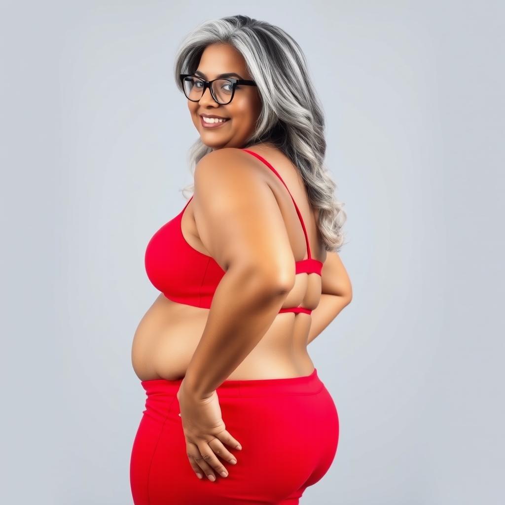 A plus size, 55 year old Indian woman, full-figured with long grey hair styled gracefully and wearing fashionable glasses