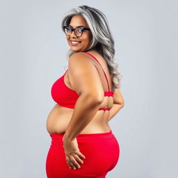 A plus size, 55 year old Indian woman, full-figured with long grey hair styled gracefully and wearing fashionable glasses