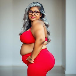 A plus size, 55 year old Indian woman, full-figured with long grey hair styled gracefully and wearing fashionable glasses