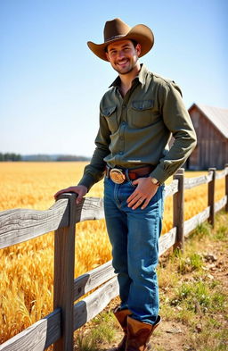 A handsome cowboy in a picturesque rural landscape, wearing a classic western outfit complete with a wide-brimmed hat, denim jeans, and boots