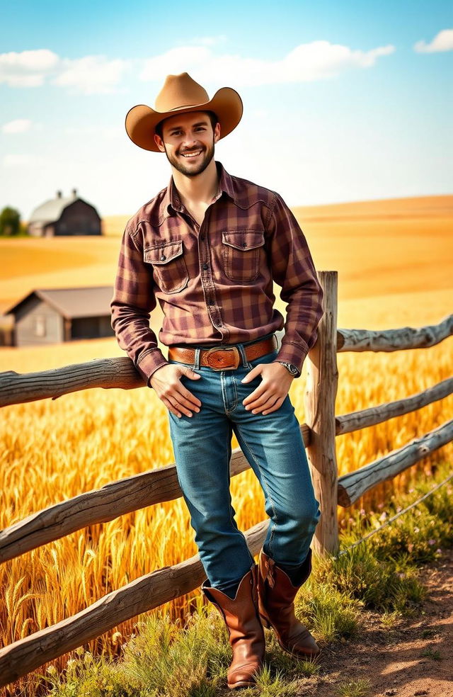 A handsome cowboy in a picturesque rural landscape, wearing a classic western outfit complete with a wide-brimmed hat, denim jeans, and boots