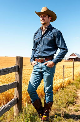 A handsome cowboy in a picturesque rural landscape, wearing a classic western outfit complete with a wide-brimmed hat, denim jeans, and boots