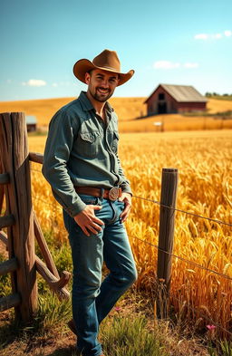 A handsome cowboy in a picturesque rural landscape, wearing a classic western outfit complete with a wide-brimmed hat, denim jeans, and boots