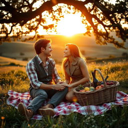 A romantic scene featuring a beautiful couple in a country setting, engaged in a tender moment
