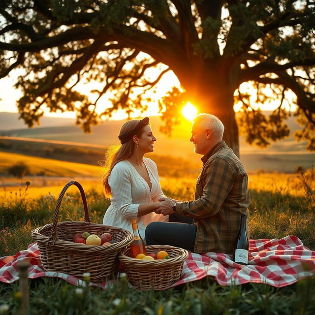 A romantic scene featuring a beautiful couple in a country setting, engaged in a tender moment