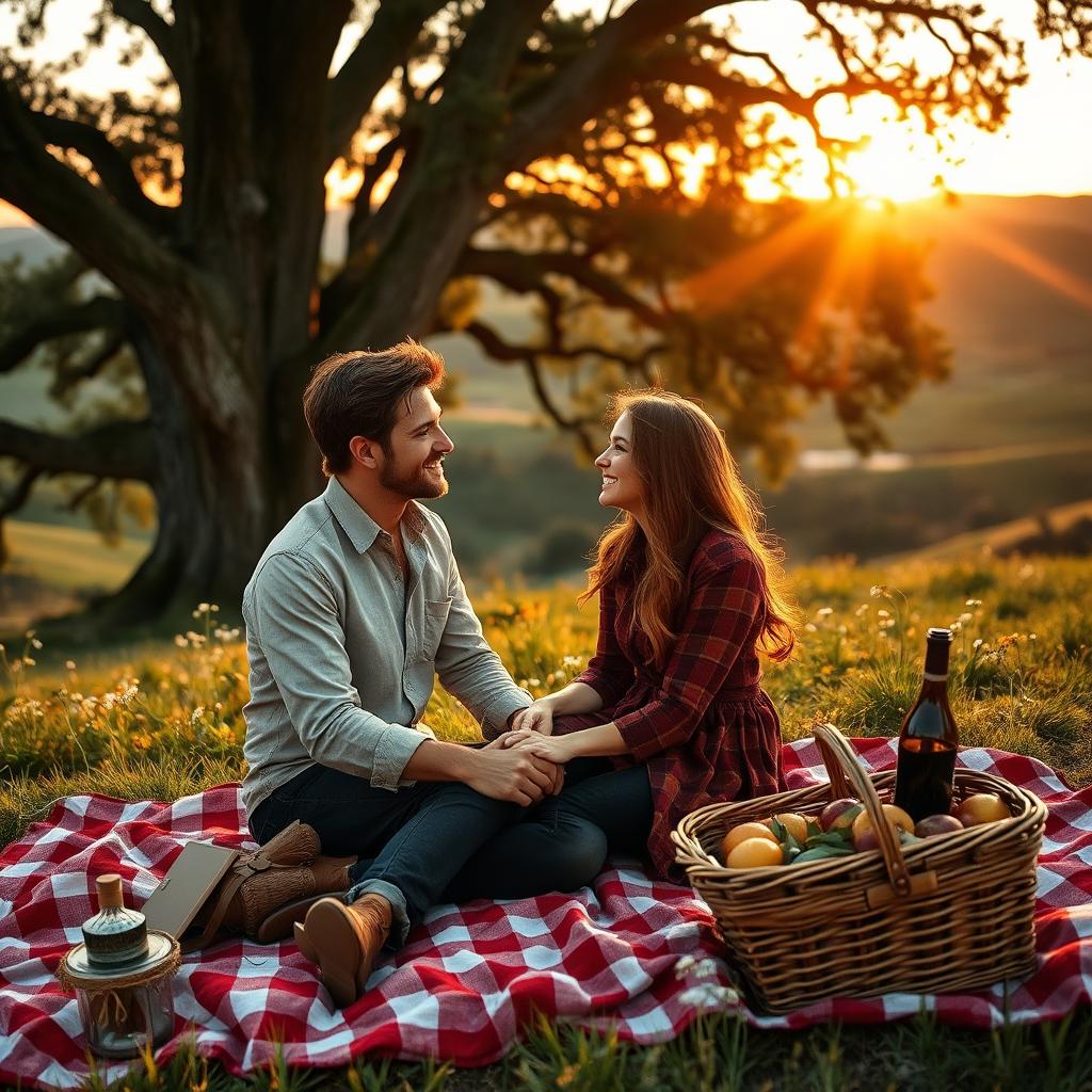 A romantic scene featuring a beautiful couple in a country setting, engaged in a tender moment