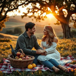 A romantic scene featuring a beautiful couple in a country setting, engaged in a tender moment