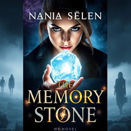 A captivating cover design for a novel titled "The Memory Stone" featuring a determined female investigator gazing intently at a glowing, crystalline memory stone in her hand