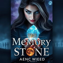 A captivating cover design for a novel titled "The Memory Stone" featuring a determined female investigator gazing intently at a glowing, crystalline memory stone in her hand