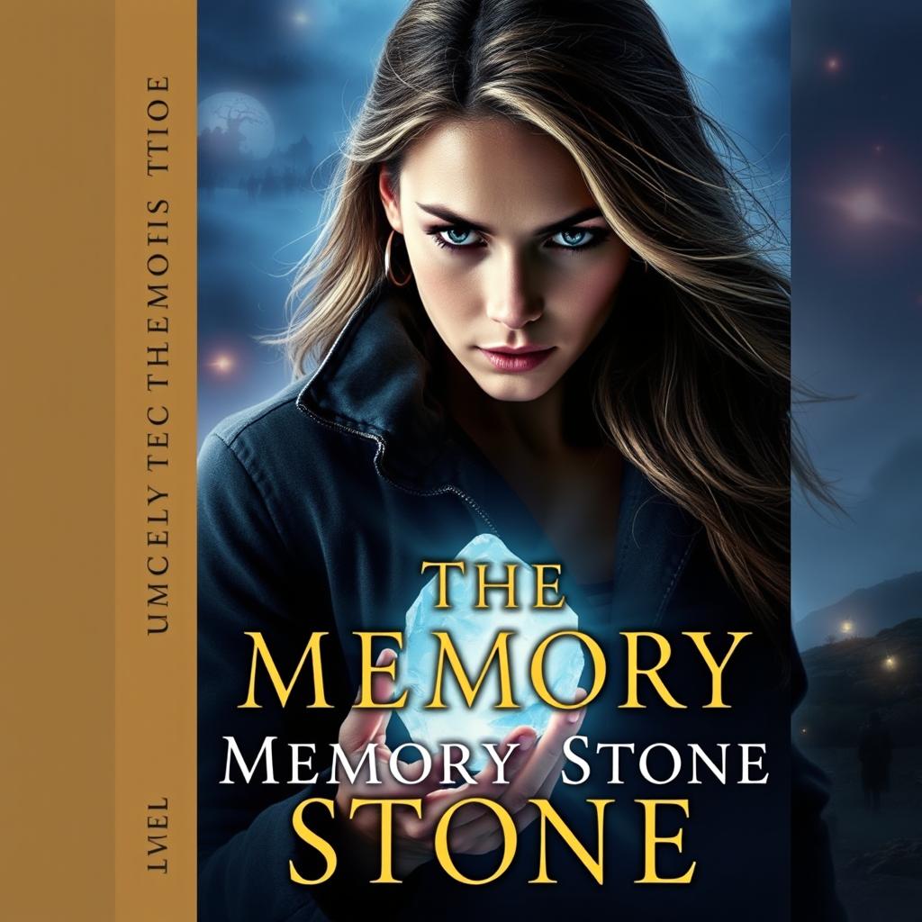 A captivating cover design for a novel titled "The Memory Stone" featuring a determined female investigator gazing intently at a glowing, crystalline memory stone in her hand