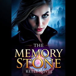 A captivating cover design for a novel titled "The Memory Stone" featuring a determined female investigator gazing intently at a glowing, crystalline memory stone in her hand