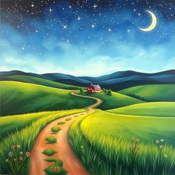 A captivating country landscape painting featuring a serene scene beneath a starry sky