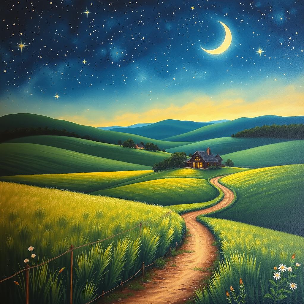 A captivating country landscape painting featuring a serene scene beneath a starry sky