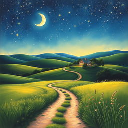 A captivating country landscape painting featuring a serene scene beneath a starry sky