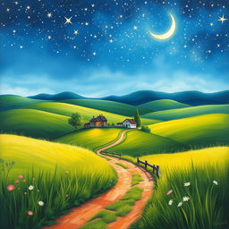 A captivating country landscape painting featuring a serene scene beneath a starry sky